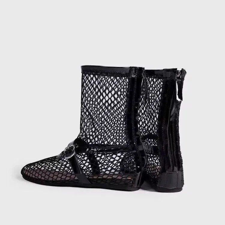 Black high top women's ballet shoes with metal buckle and back zipper PU upper round toe