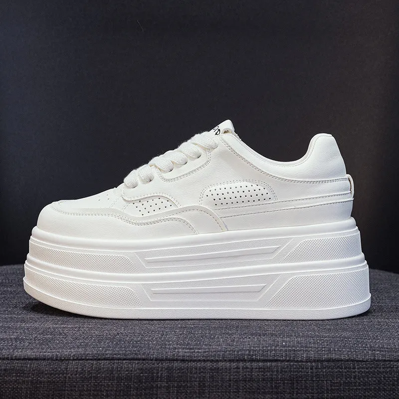 Creamy white beige leather platform casual shoes with lace-up and cross strap closure, round toe, low top, high heel 6-8cm