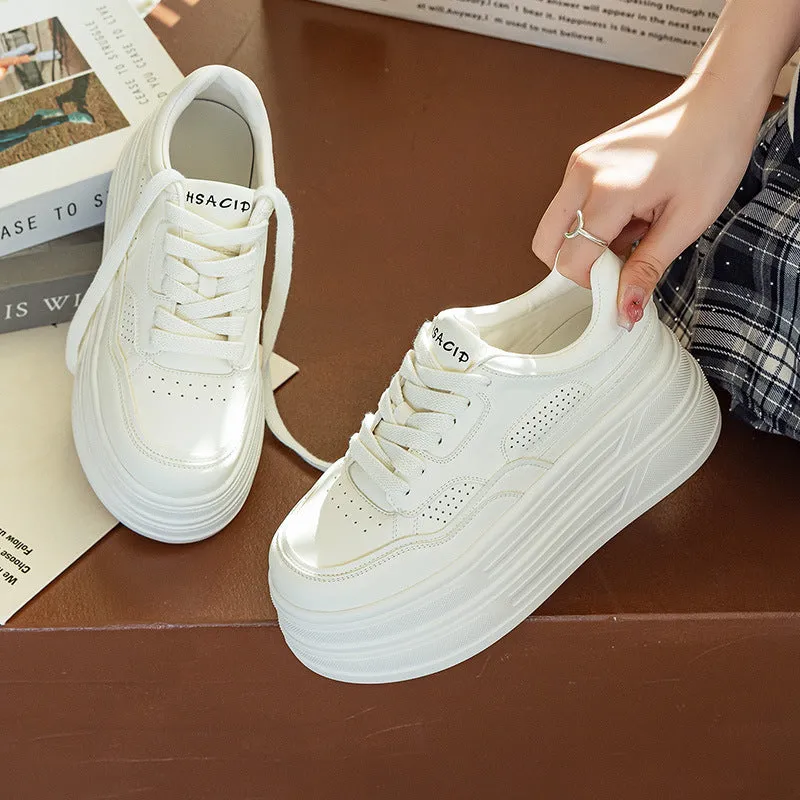Creamy white beige leather platform casual shoes with lace-up and cross strap closure, round toe, low top, high heel 6-8cm