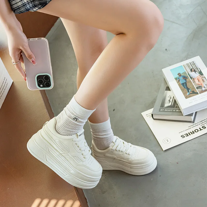 Creamy white beige leather platform casual shoes with lace-up and cross strap closure, round toe, low top, high heel 6-8cm