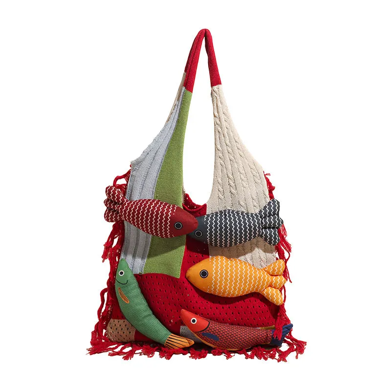 Women's soft cotton large capacity shoulder bag with tassel in khaki