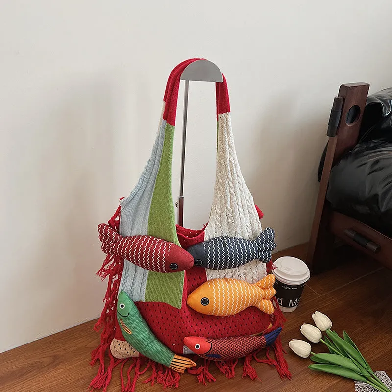 Women's soft cotton large capacity shoulder bag with tassel in khaki