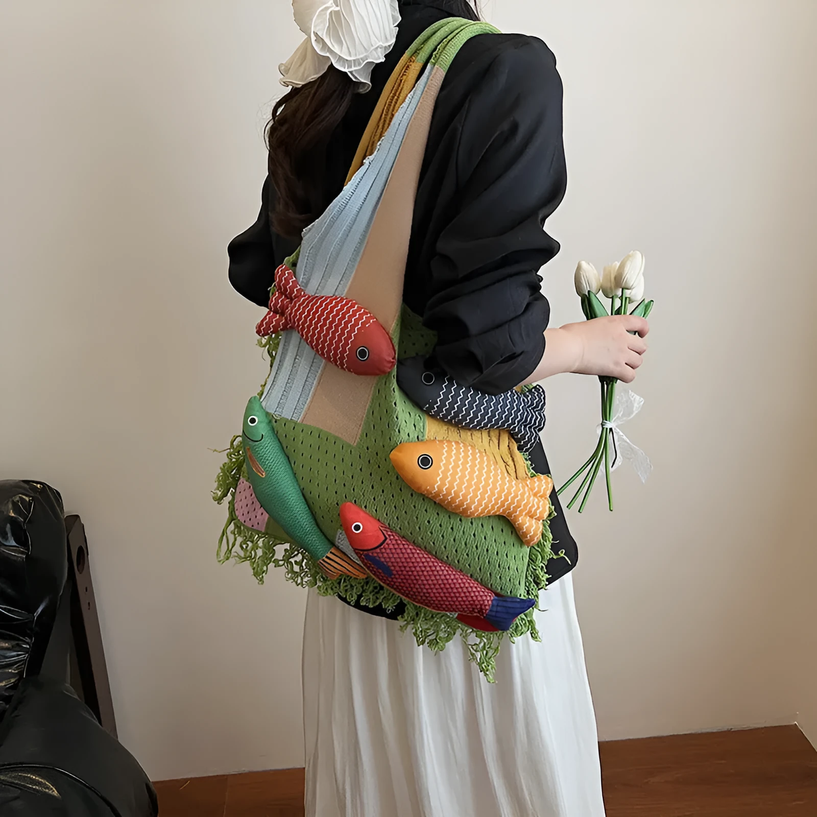 Women's soft cotton large capacity shoulder bag with tassel in khaki