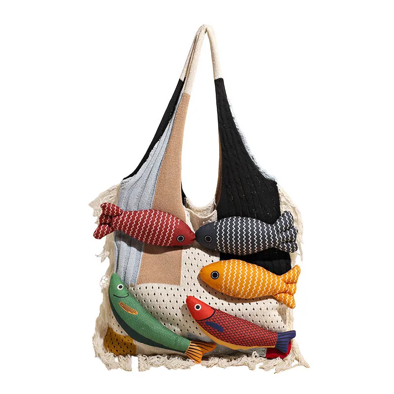 Women's soft cotton large capacity shoulder bag with tassel in khaki