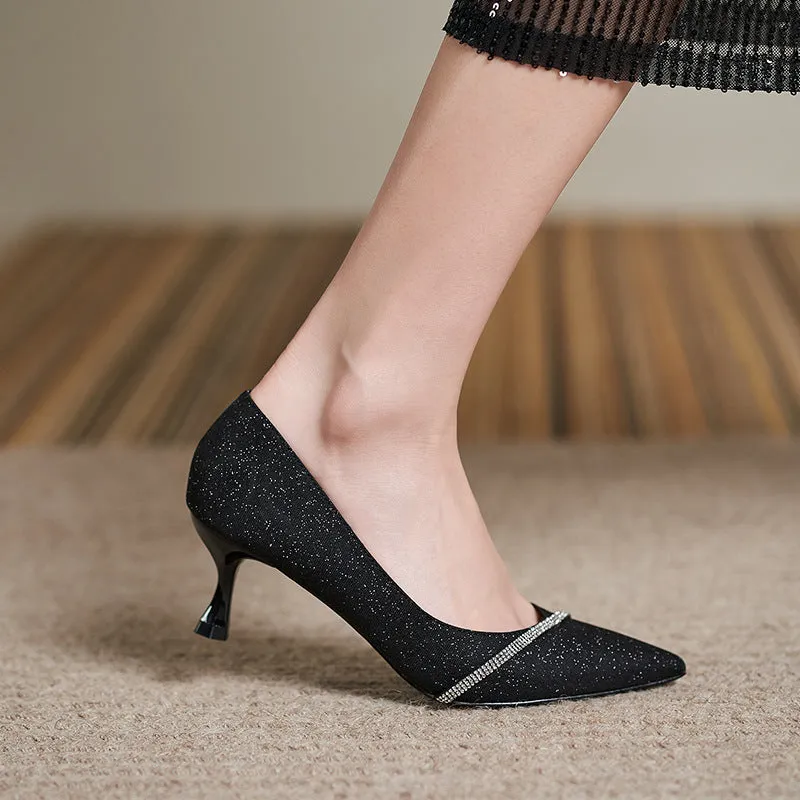 Black sequined women's high heel shoes with a 7cm thin stiletto heel on a neutral background.