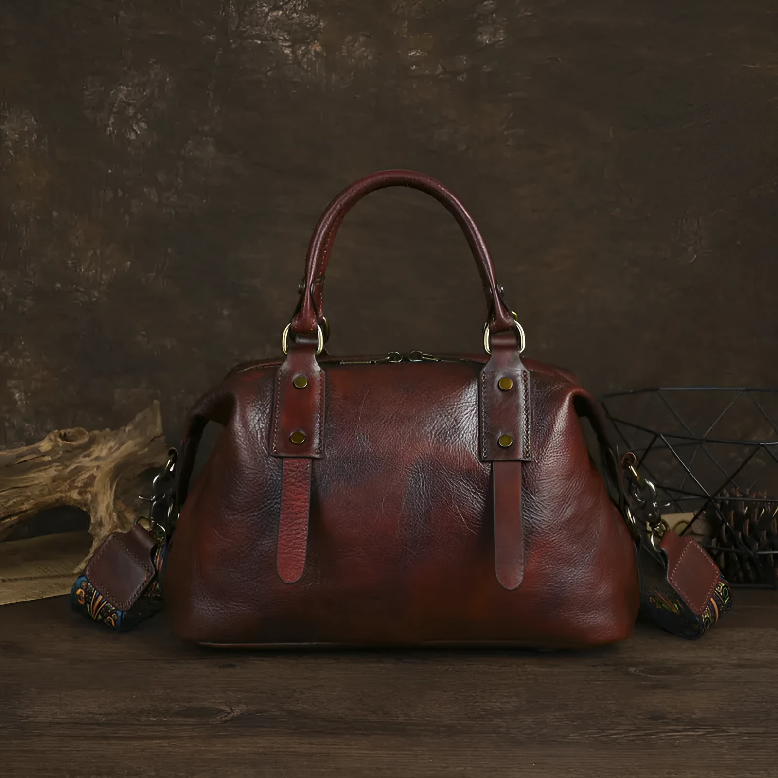 Brown genuine leather handbag with horizontal square shape and retro European American style for women