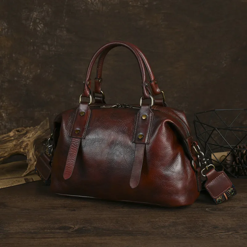 Brown genuine leather handbag with horizontal square shape and retro European American style for women