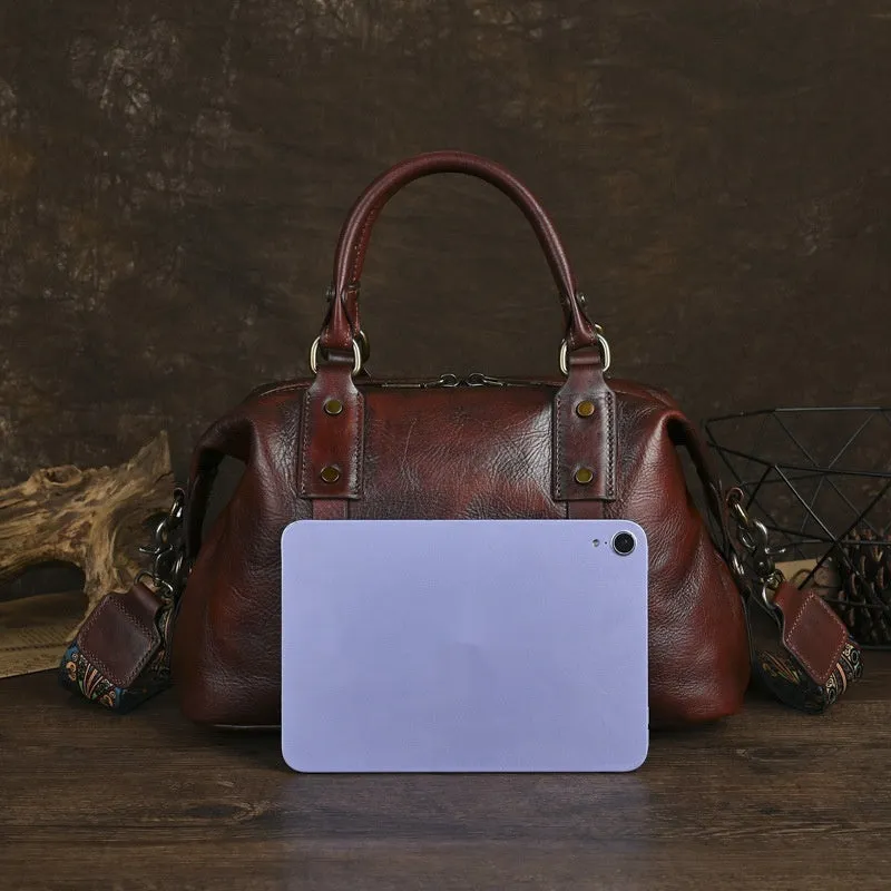 Brown genuine leather handbag with horizontal square shape and retro European American style for women
