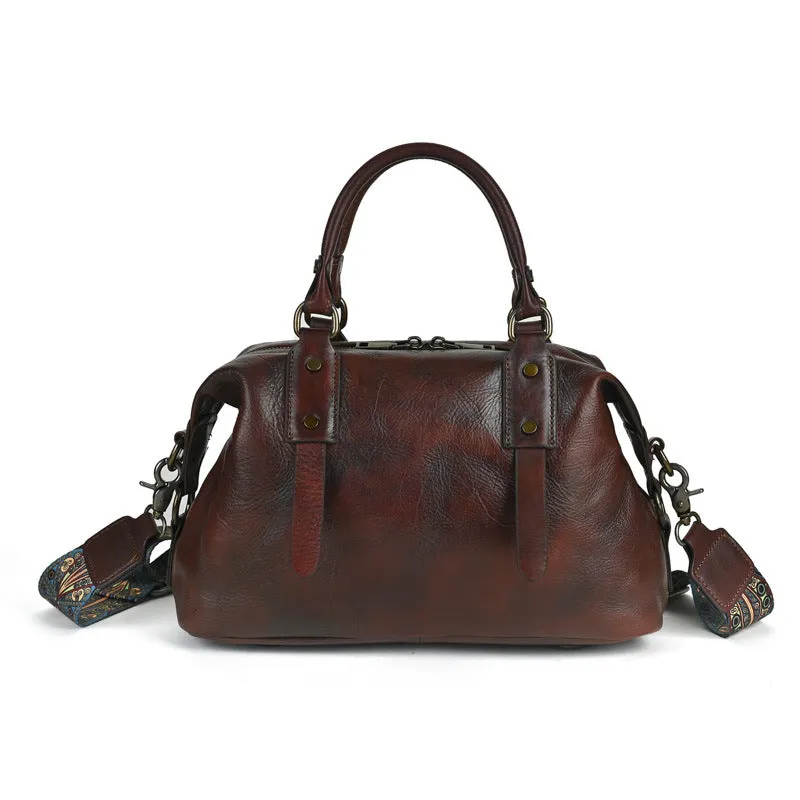 Brown genuine leather handbag with horizontal square shape and retro European American style for women