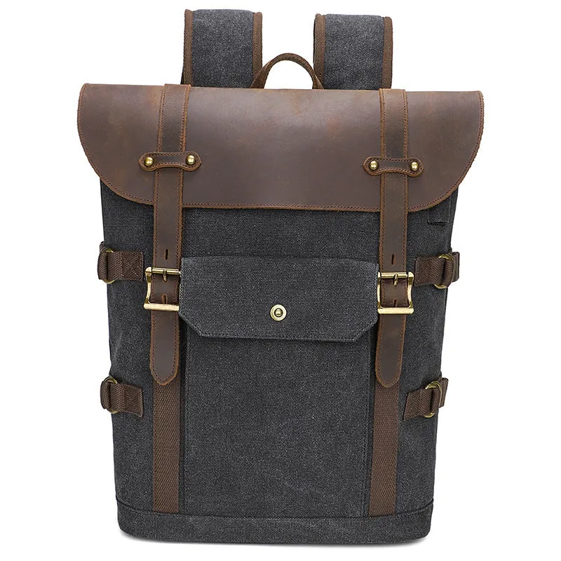 Army Green canvas computer backpack with crazy horse leather detailing and USB charging port