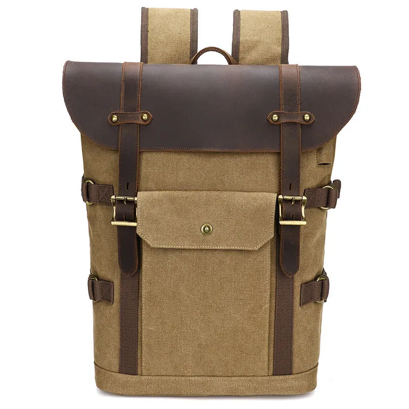 Army Green canvas computer backpack with crazy horse leather detailing and USB charging port