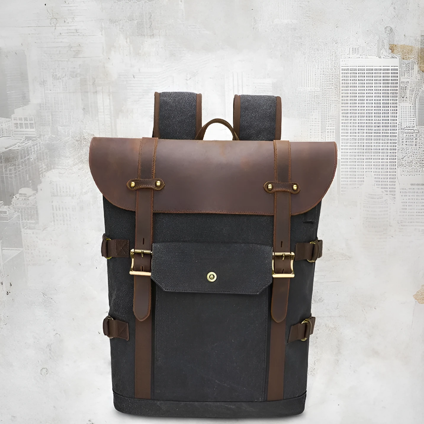 Army Green canvas computer backpack with crazy horse leather detailing and USB charging port