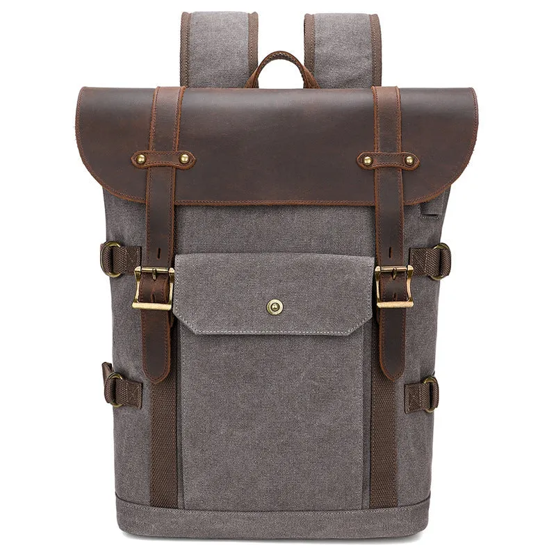 Army Green canvas computer backpack with crazy horse leather detailing and USB charging port