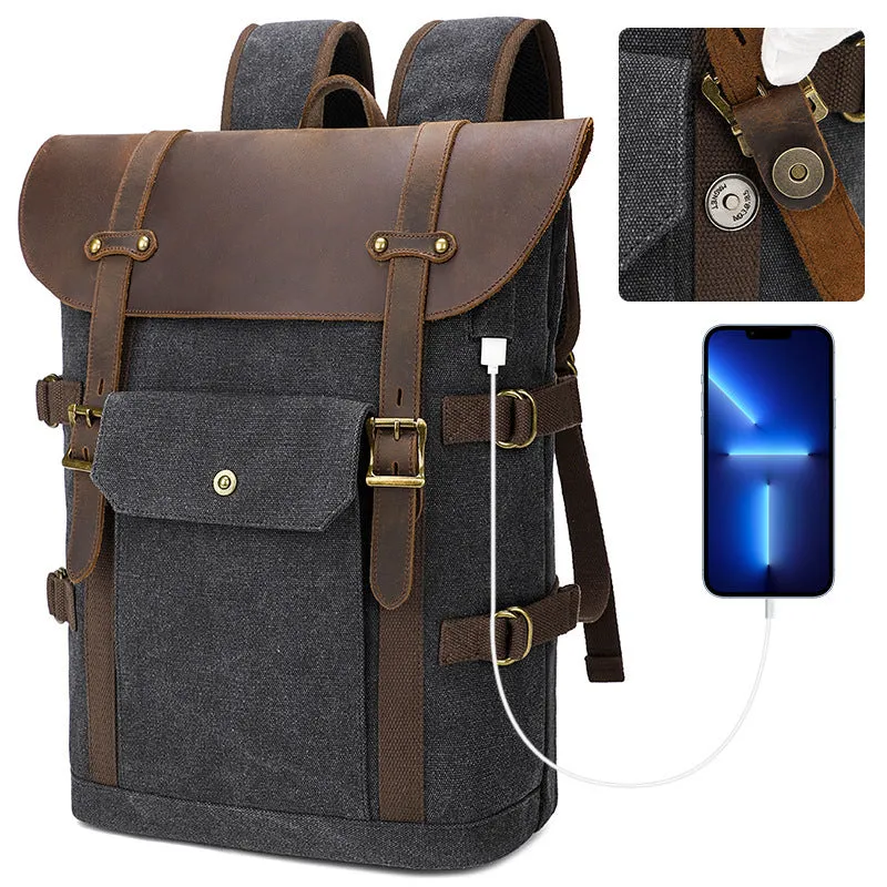 Army Green canvas computer backpack with crazy horse leather detailing and USB charging port