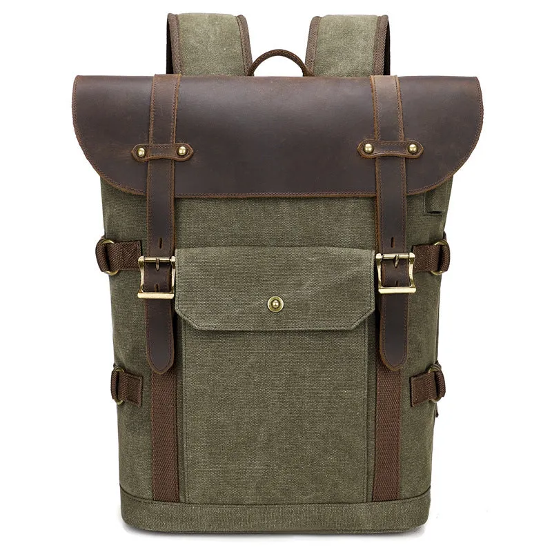 Army Green canvas computer backpack with crazy horse leather detailing and USB charging port