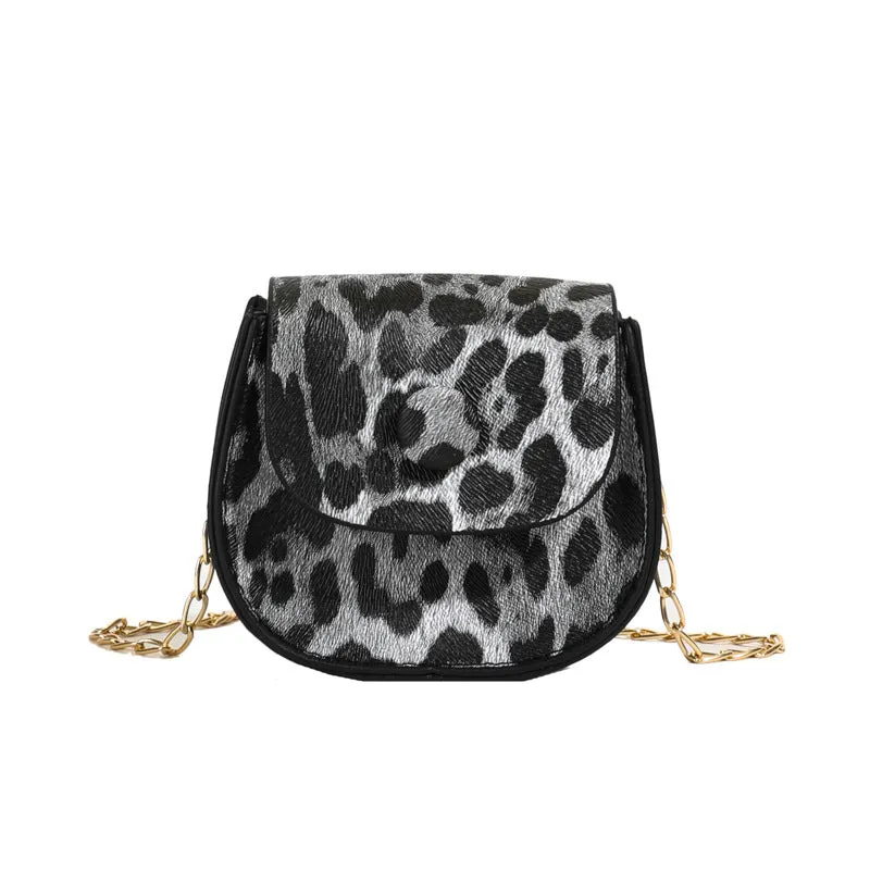 Leopard print mini crossbody saddle bag in PU, horizontal square shape with sandwich pocket, black and reddish brown