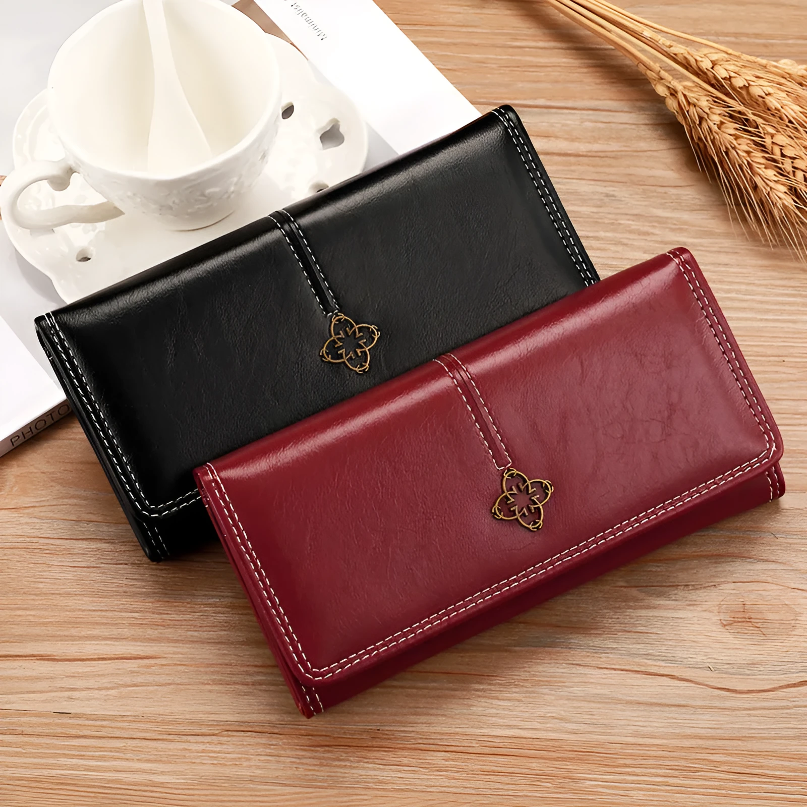 Student Lady Multi-functional New Clutch Cross-body Wallet Solid Colour PU Lining Daily Matching Black Pink Brown Dark Blue Yellow Taro Purple Wine Red Dark Green Sewing Line Detail
