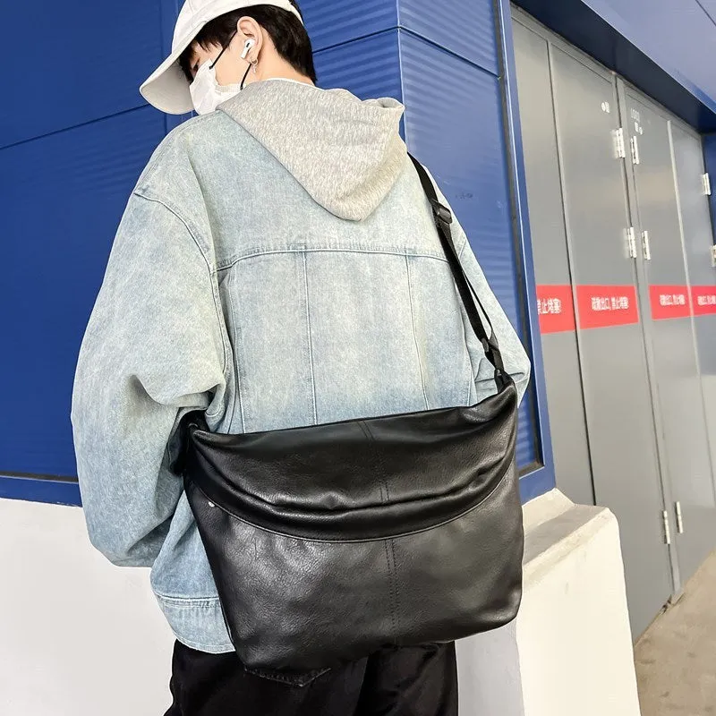 Retro large capacity black PU crossbody bag for men shown with dimensions