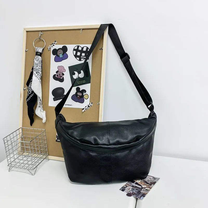 Retro large capacity black PU crossbody bag for men shown with dimensions