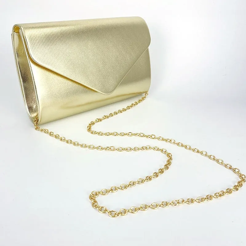 Women's shiny PU large capacity clutch bag in horizontal square shape with sandwich pocket, Champagne colour