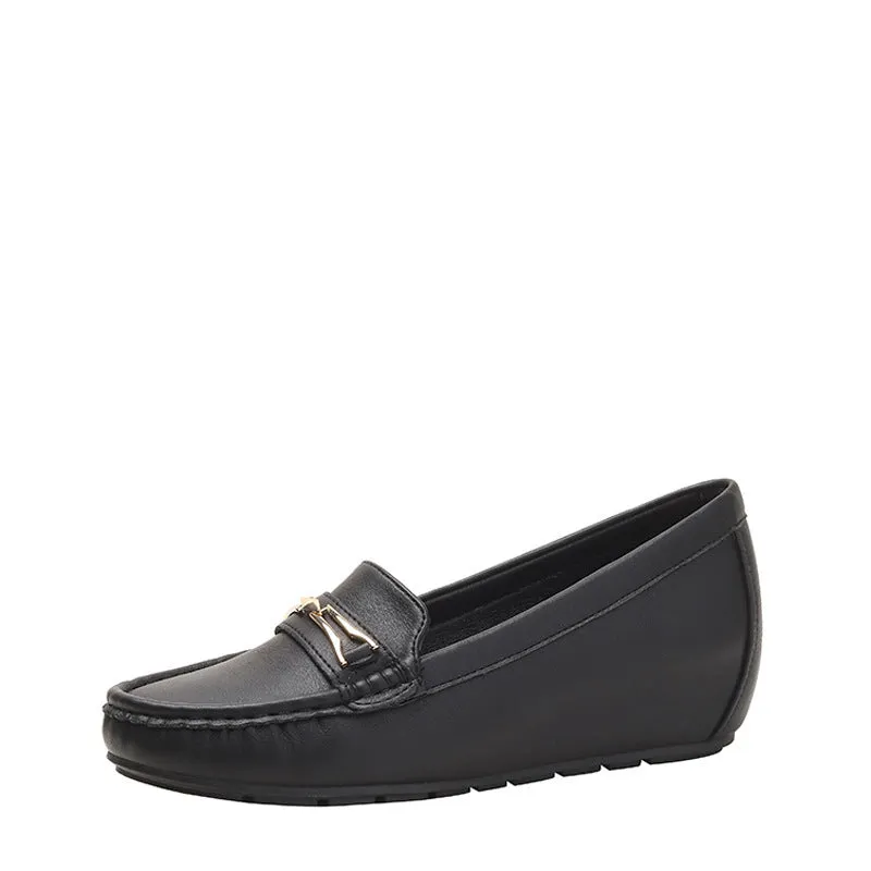 Black, white, and brown slip-on shoes with a round toe and a soft rubber sole for height increase