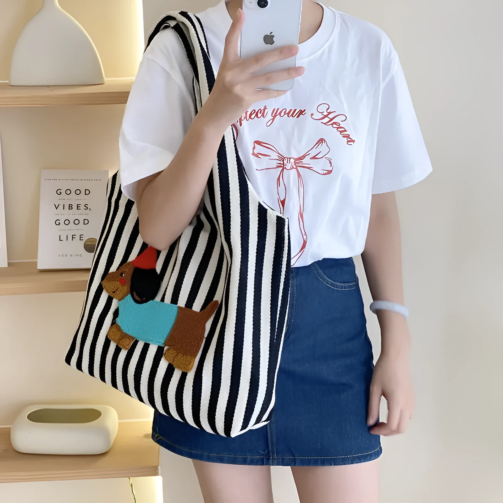 Soft canvas shoulder bag with red stripes and cartoon embroidery of a puppy wearing a red hat, square vertical shape, double shoulder straps