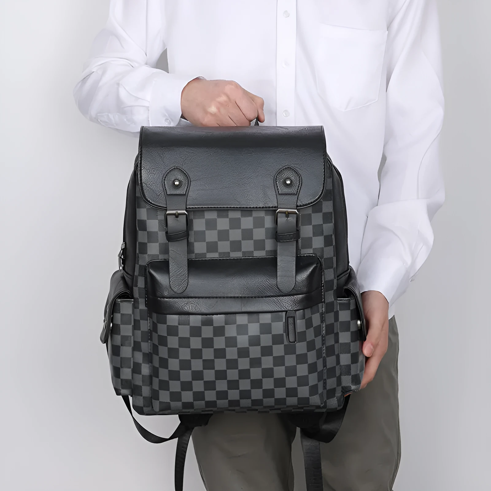 Large capacity black plaid backpack with PU shell, curved shoulder straps, and 35x18x40cm dimensions
