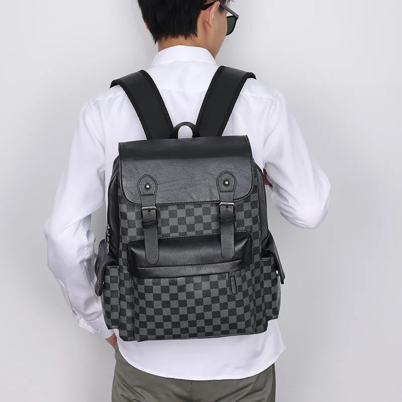 Large capacity black plaid backpack with PU shell, curved shoulder straps, and 35x18x40cm dimensions