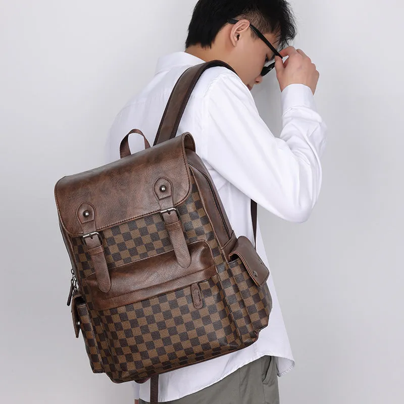Large capacity black plaid backpack with PU shell, curved shoulder straps, and 35x18x40cm dimensions