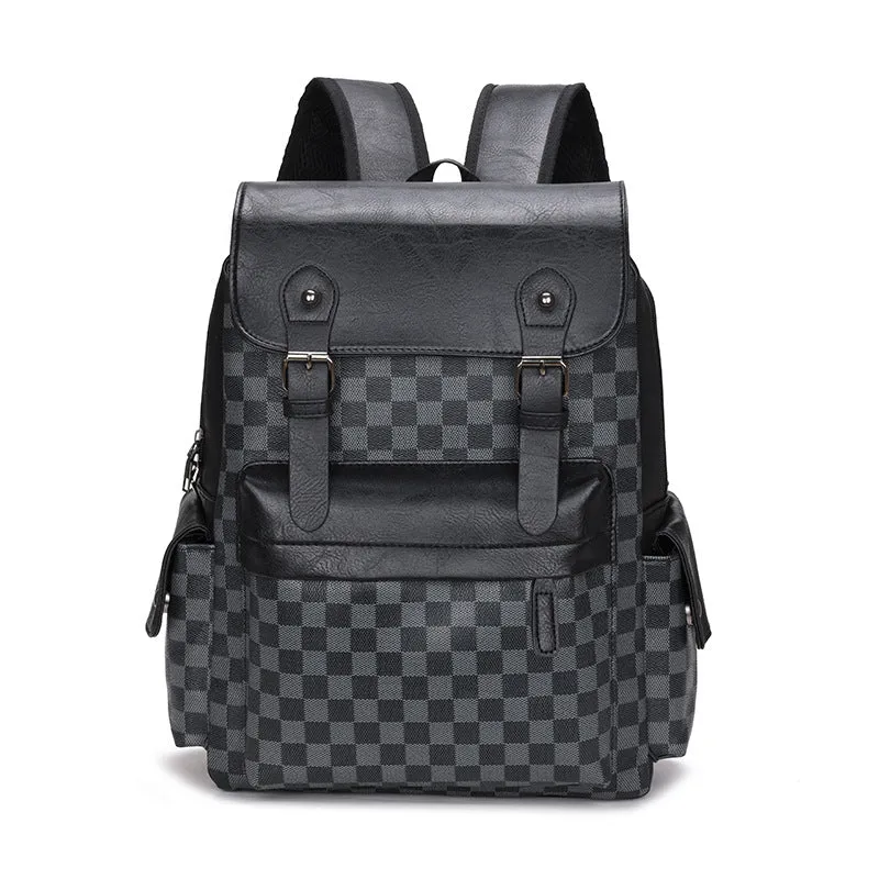 Large capacity black plaid backpack with PU shell, curved shoulder straps, and 35x18x40cm dimensions