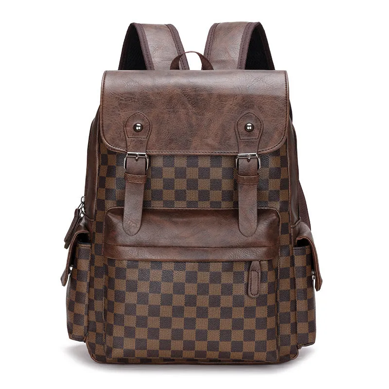 Large capacity black plaid backpack with PU shell, curved shoulder straps, and 35x18x40cm dimensions