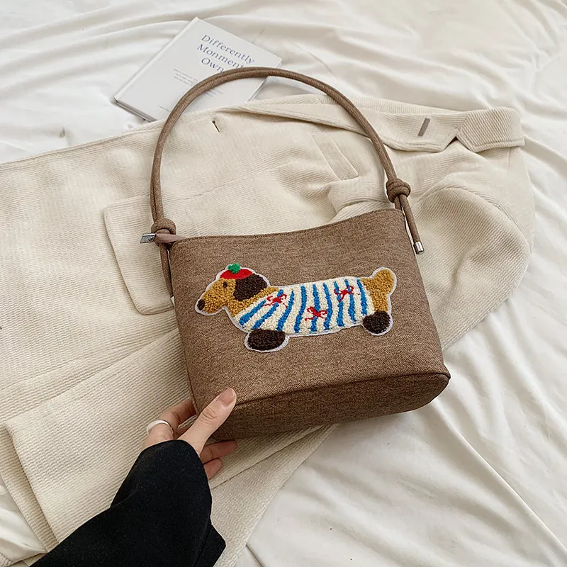 New Cartoon Sausage Dog Bucket Bag Autumn Texture Soft Polyester Crossbody Bag with Sewing Thread Detail Street Trend Shoulder Bag