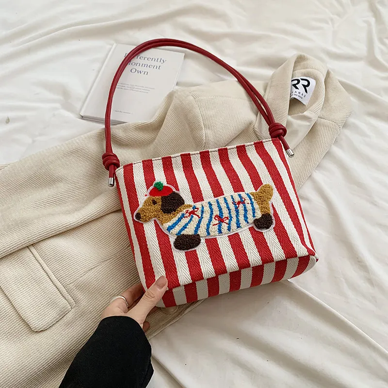 New Cartoon Sausage Dog Bucket Bag Autumn Texture Soft Polyester Crossbody Bag with Sewing Thread Detail Street Trend Shoulder Bag