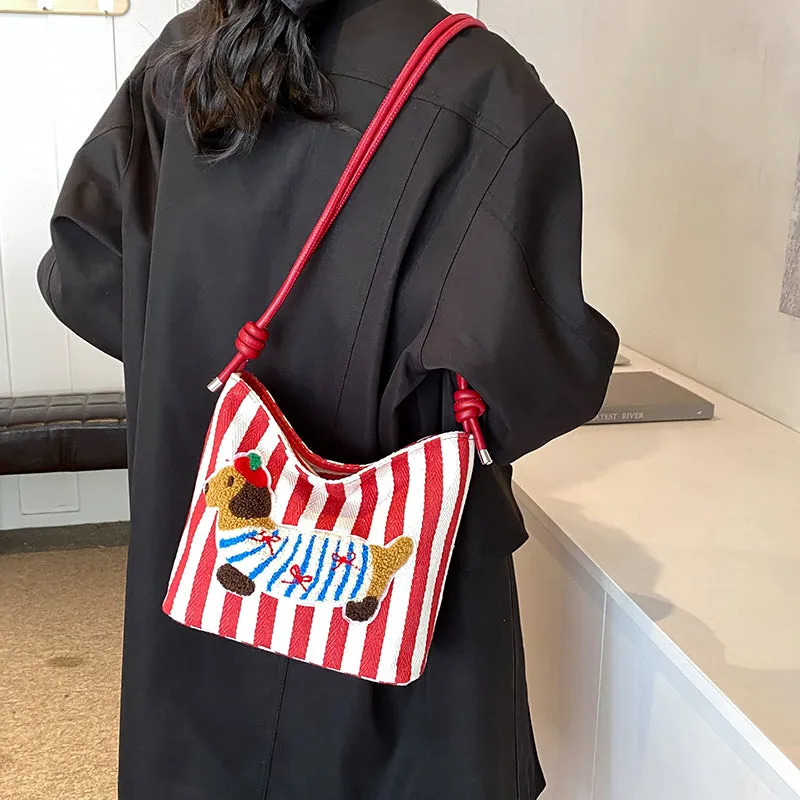 New Cartoon Sausage Dog Bucket Bag Autumn Texture Soft Polyester Crossbody Bag with Sewing Thread Detail Street Trend Shoulder Bag
