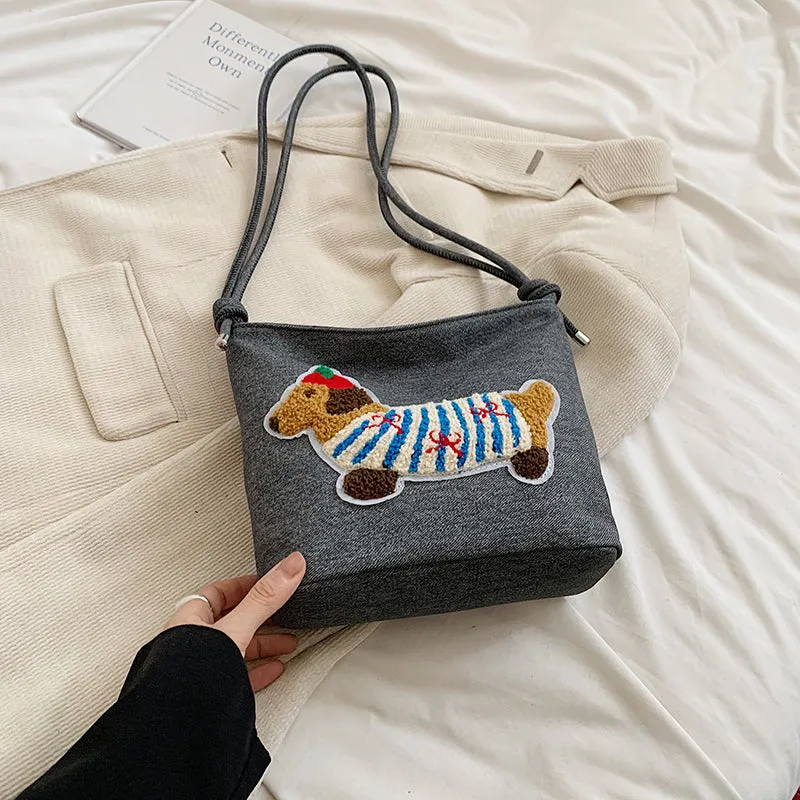 New Cartoon Sausage Dog Bucket Bag Autumn Texture Soft Polyester Crossbody Bag with Sewing Thread Detail Street Trend Shoulder Bag