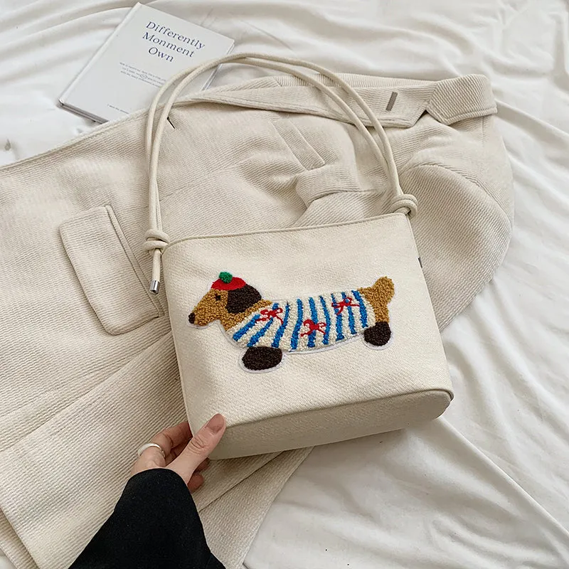 New Cartoon Sausage Dog Bucket Bag Autumn Texture Soft Polyester Crossbody Bag with Sewing Thread Detail Street Trend Shoulder Bag