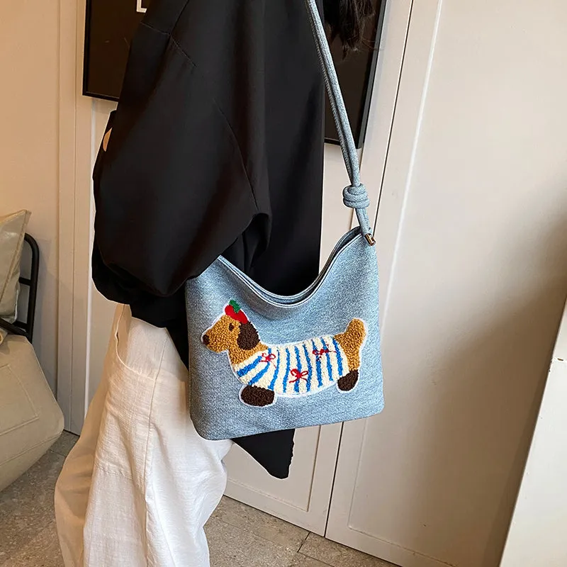 New Cartoon Sausage Dog Bucket Bag Autumn Texture Soft Polyester Crossbody Bag with Sewing Thread Detail Street Trend Shoulder Bag
