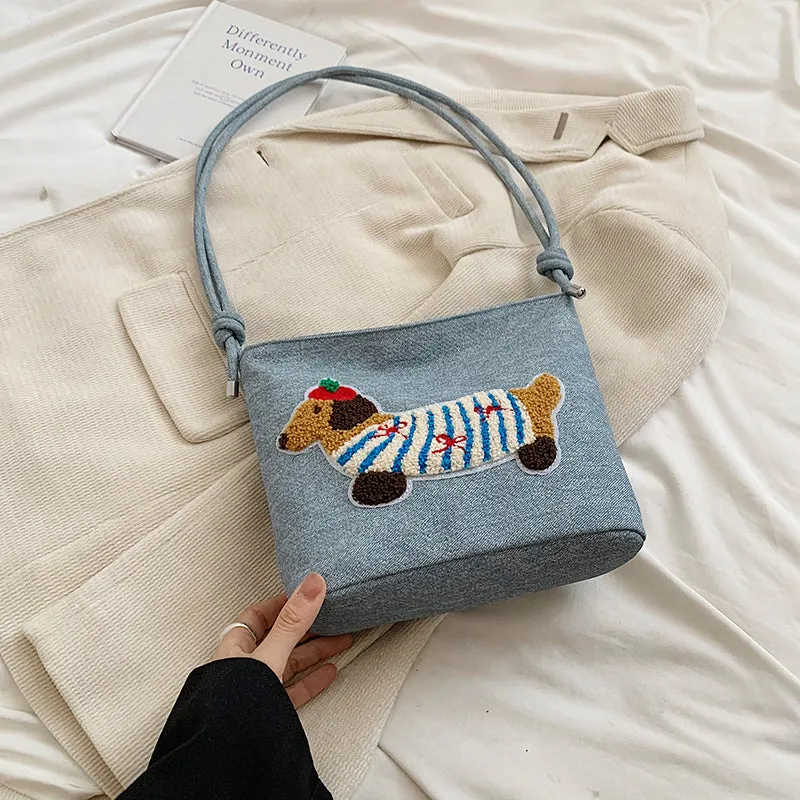 New Cartoon Sausage Dog Bucket Bag Autumn Texture Soft Polyester Crossbody Bag with Sewing Thread Detail Street Trend Shoulder Bag