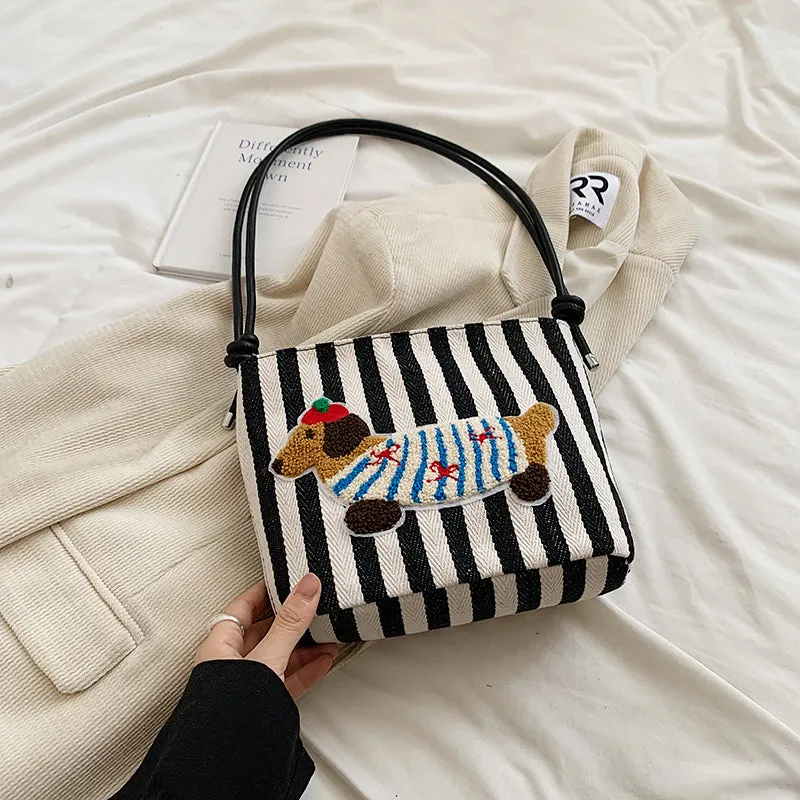 New Cartoon Sausage Dog Bucket Bag Autumn Texture Soft Polyester Crossbody Bag with Sewing Thread Detail Street Trend Shoulder Bag