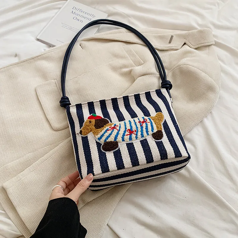 New Cartoon Sausage Dog Bucket Bag Autumn Texture Soft Polyester Crossbody Bag with Sewing Thread Detail Street Trend Shoulder Bag