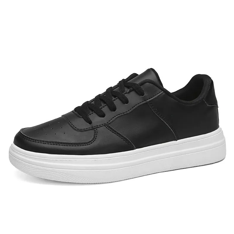 Men's plus size platform board shoes with leather upper, low top, flat heel, available in black