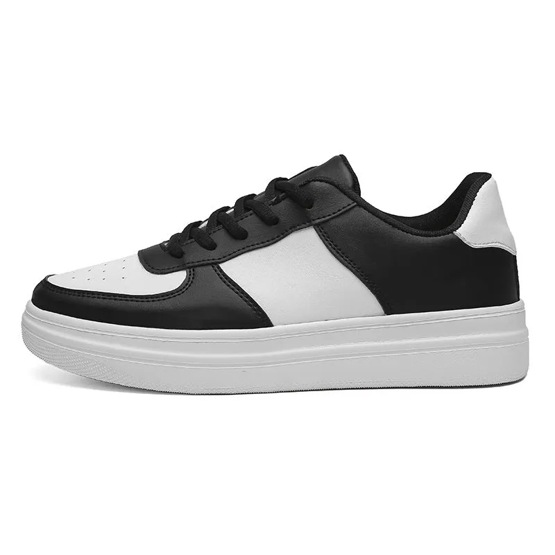 Men's plus size platform board shoes with leather upper, low top, flat heel, available in black