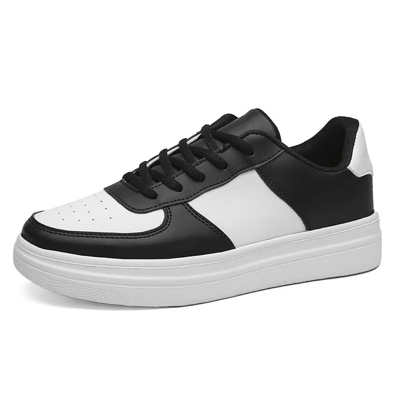 Men's plus size platform board shoes with leather upper, low top, flat heel, available in black