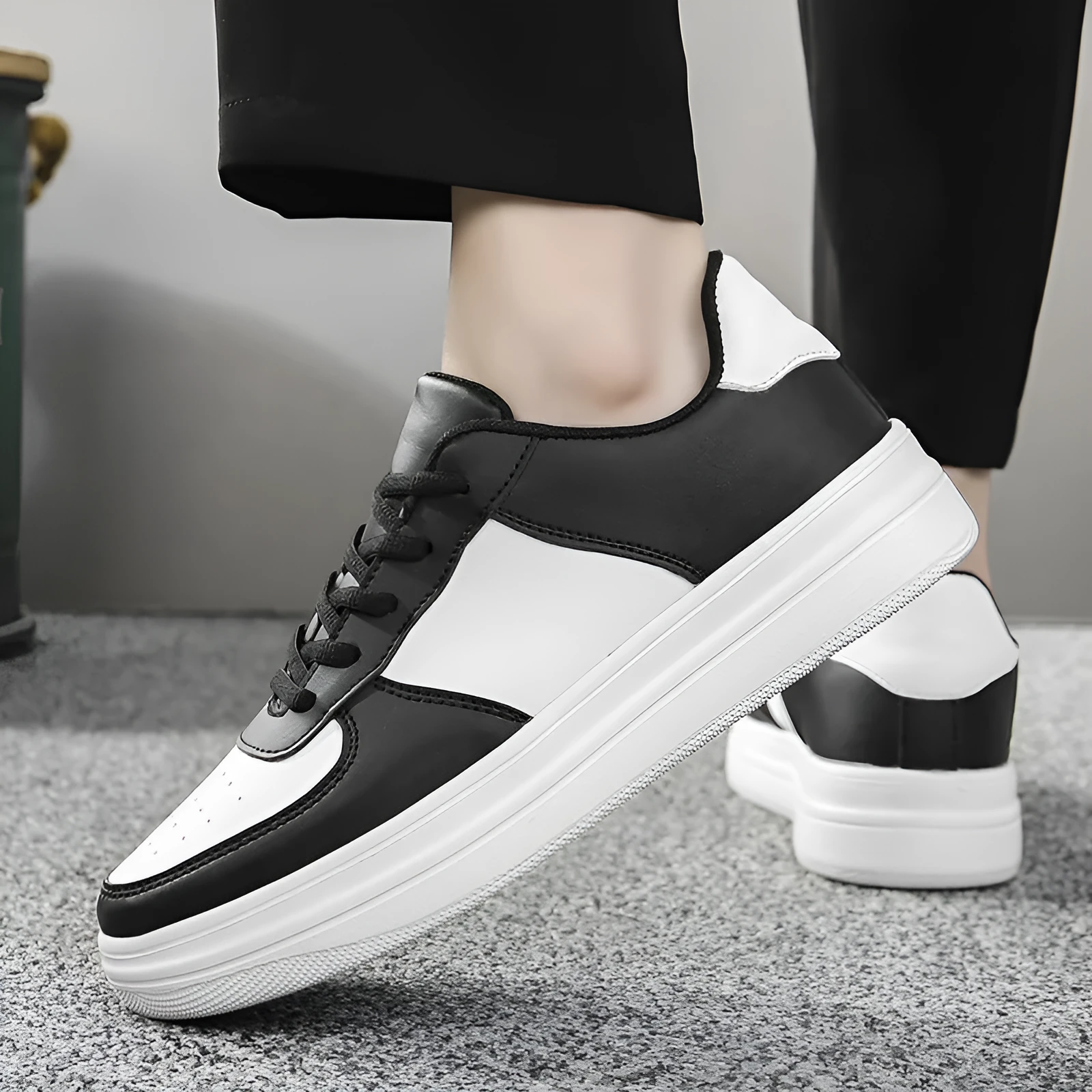 Men's plus size platform board shoes with leather upper, low top, flat heel, available in black