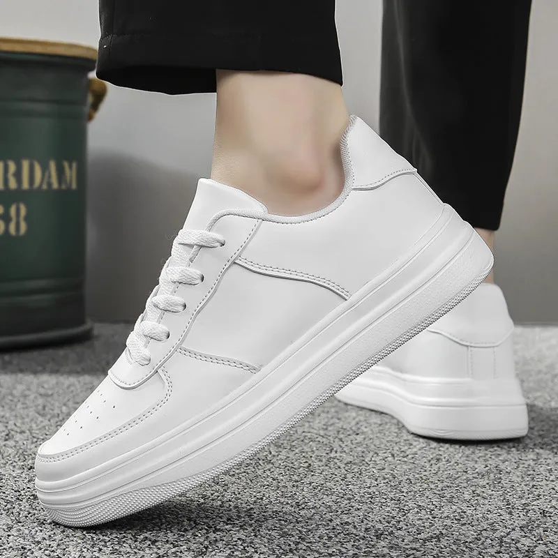 Men's plus size platform board shoes with leather upper, low top, flat heel, available in black