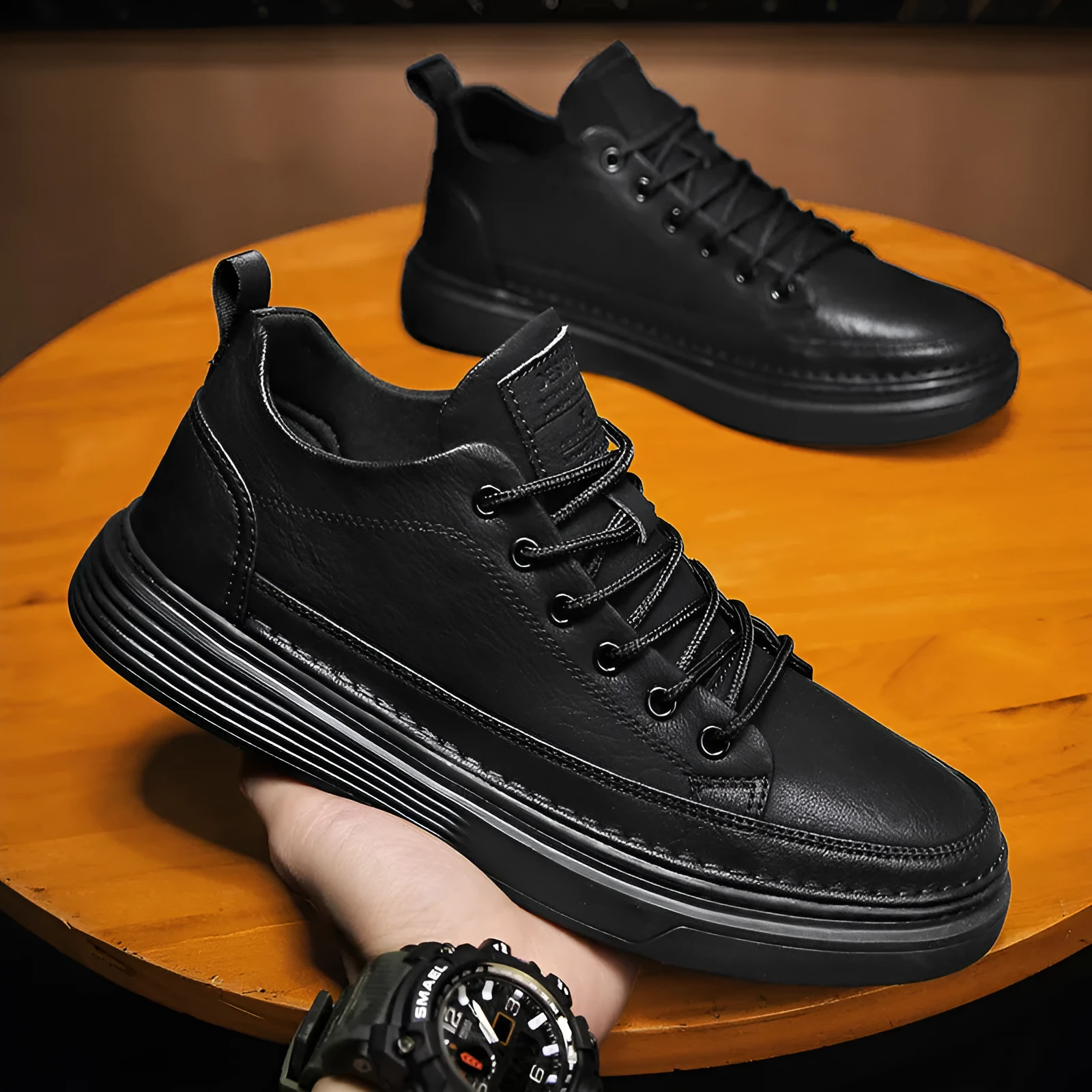 Men's autumn leisure kitchen chef waterproof flat shoes in H13 Black with round head, front lace-up, and rubber sole