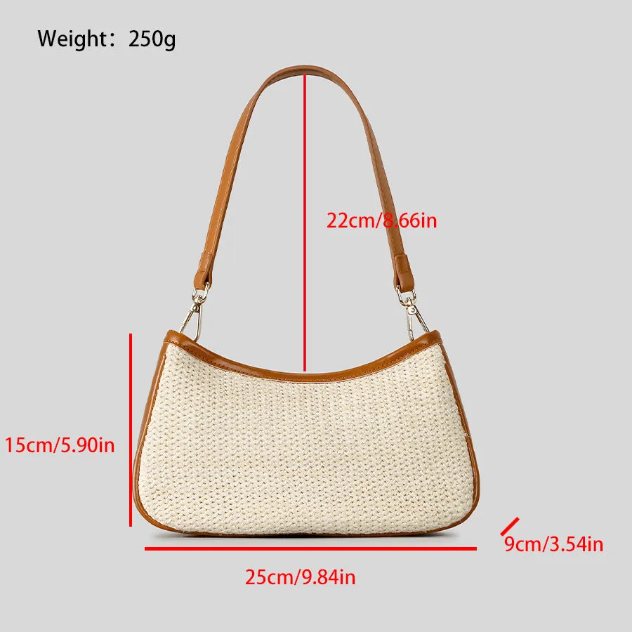 Khaki hand-woven straw crossbody bag with single shoulder strap showing textured PP grass construction