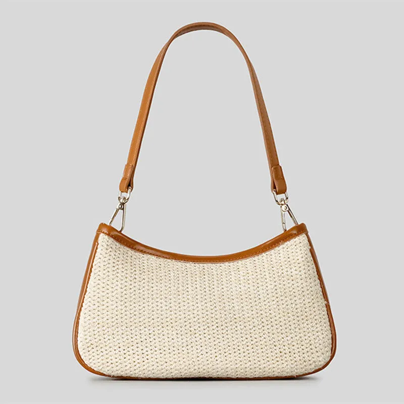 Khaki hand-woven straw crossbody bag with single shoulder strap showing textured PP grass construction