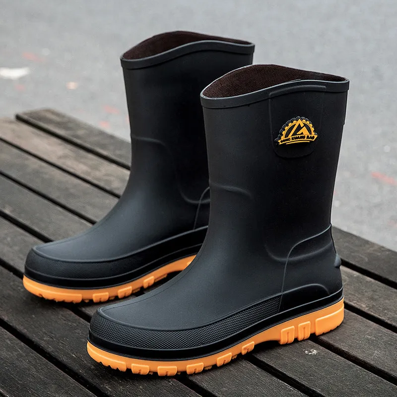 Men's outdoor non-slip PVC rain boots with flat heel, black drawstring style, sizes 39-47