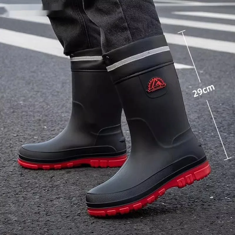 Men's outdoor non-slip PVC rain boots with flat heel, black drawstring style, sizes 39-47